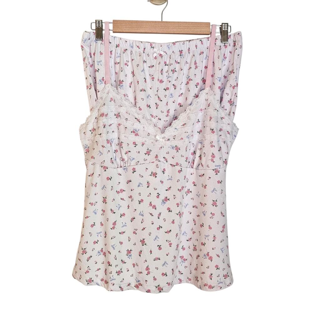Laura Ashley Set White/Pink Floral Bow Pajama Tank & Shorts Cottagecore Size XL